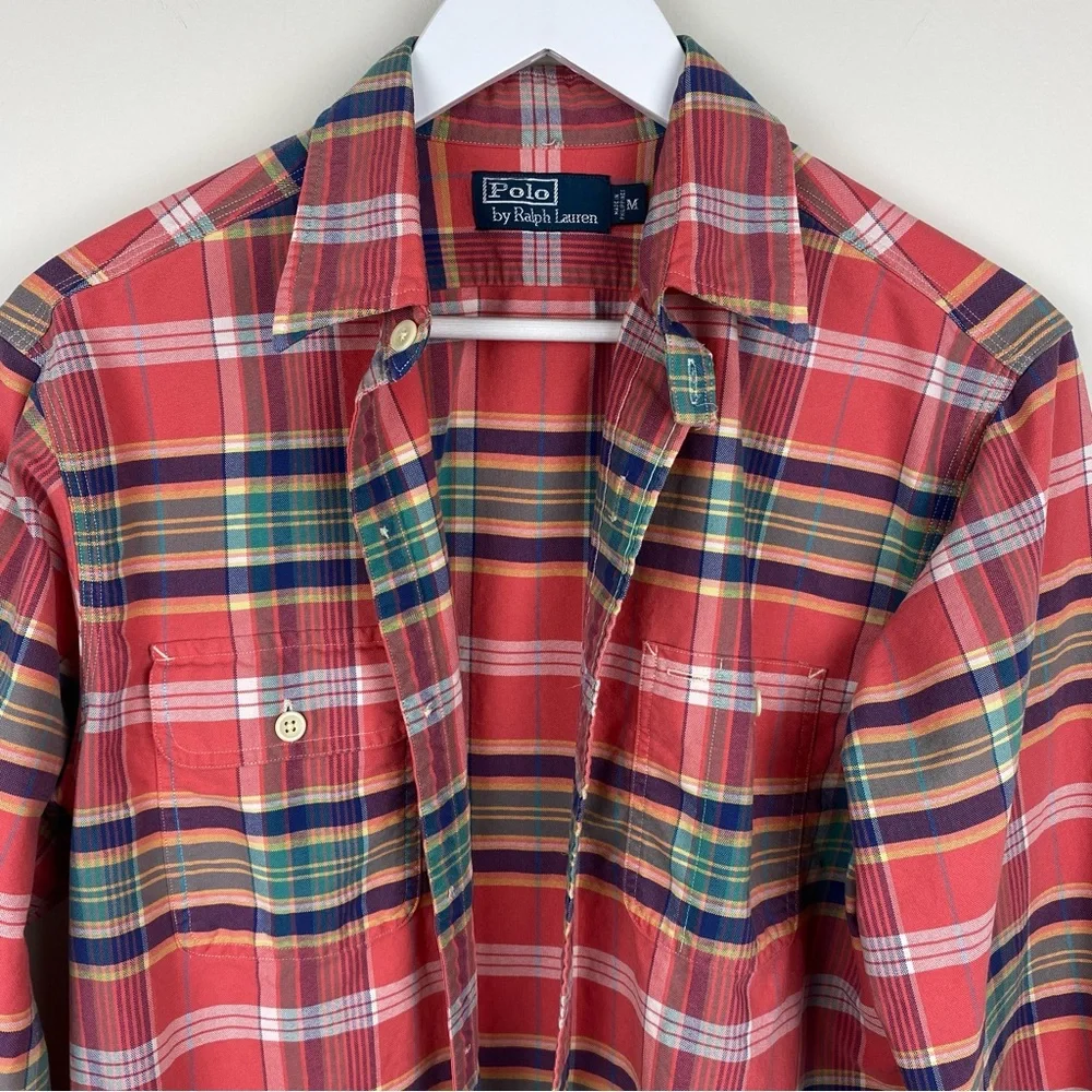 Polo Ralph Lauren Plaid Salmon Button Front 100% Cotton Men's Size Medium